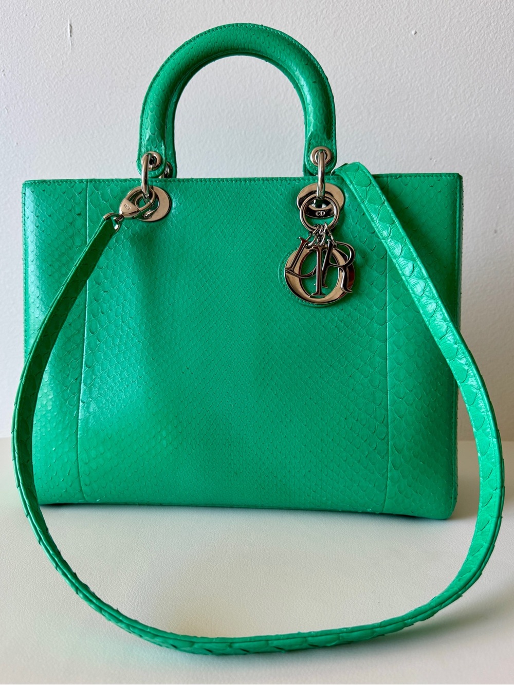 Christian Dior Green Python Leather Large Tote Lady Dior Bag with Shoulder Strap